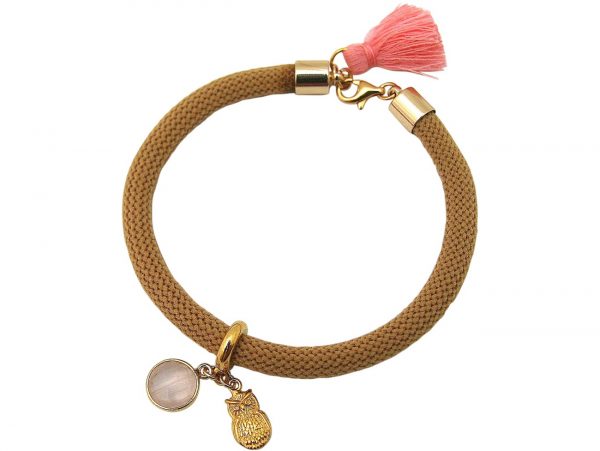 Gemshine - Damen - Armband - Vergoldet - Edelstein - Rosenquarz - Eule - Rosa - Braun