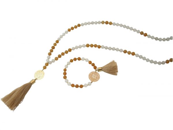 Gemshine - Mala Halskette - Anhänger - Vergoldet - Edelstein - Lachs - Beige - 80 cm – Bild 5