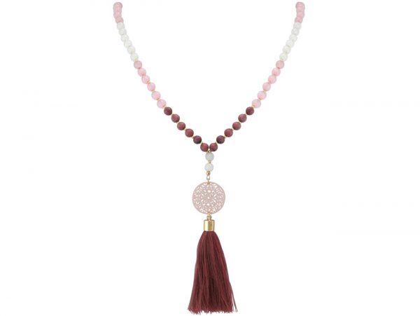 Gemshine - Mala Halskette - Anhänger - Vergoldet - Edelstein - Rose - Beige - 80 cm