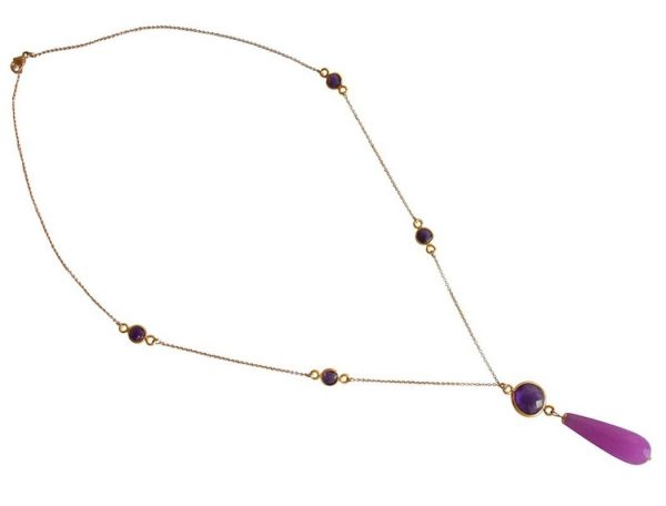 Gemshine - Damen - Halskette - Vergoldet - Jade - Amethyst - Violett - Lila - PARTY DROPS - 45 cm