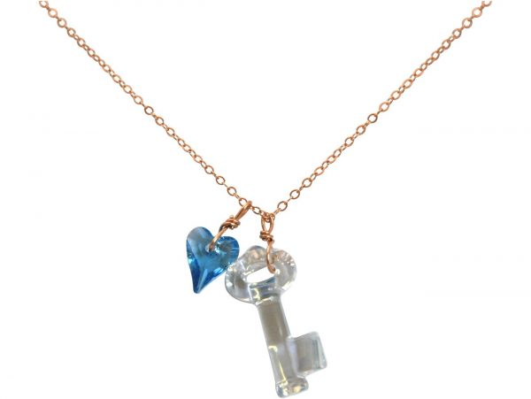 Gemshine - Damen - Halskette - Anhänger - Rose Vergoldet - Schlüssel - Herz - Blau - MADE WITH SWAROVSKI ELEMENTS® - 45 cm