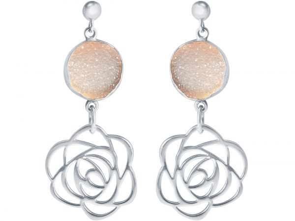 Gemshine - Damen - Ohrringe - 925 Silber - ART DECO - Blume - Rose –- DRUZY - Quarz - 4,5 cm