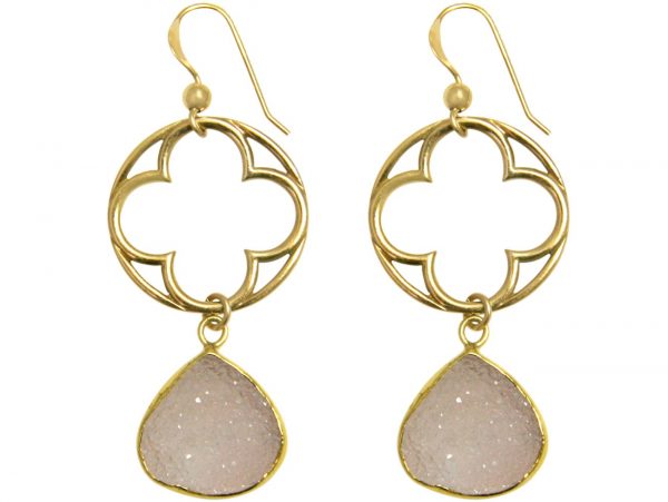 Gemshine - Damen - Ohrringe - CLOVER - 925 Silber - Vergoldet –- DRUZY - Rose Quarz - 5 cm