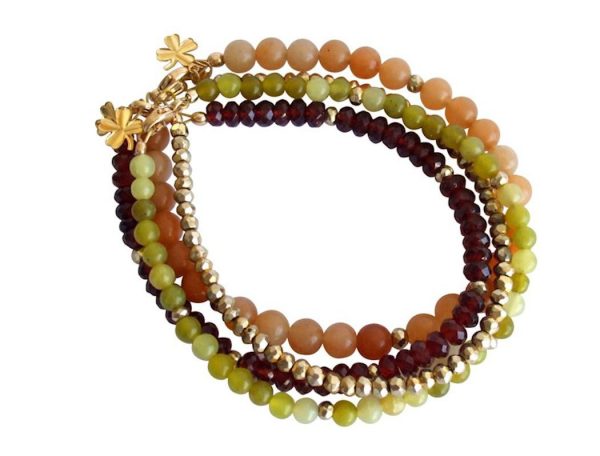 Gemshine - Damen - Armband Set - Golden Jade - Granat  - Rot - Grün - Vergoldet