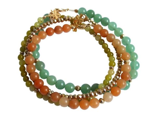 Gemshine - Damen - Armband Set - Golden Leaves - Jade - Aventurin - Grün - Orange - Vergoldet