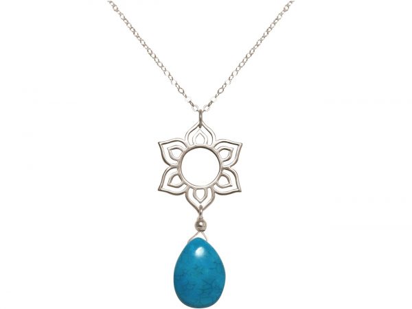 GEMSHINE Damenhalskette aus 925 Silber mit YOGA Lotusblume und Türkis Tropfen. Edelstein hervorragender Qualität und Farbe. Made in Madrid / Spanien. Im eleganten Schmucketui mit Geschenkverpackung