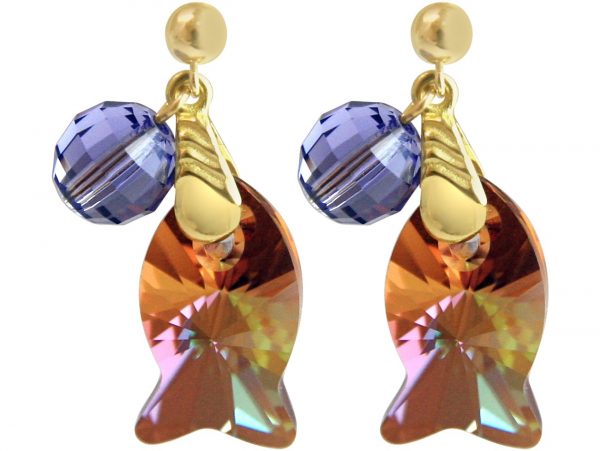 Gemshine - Damen - Ohrringe - Vergoldet - Fisch - Orange - Goldbraun - Violett - MADE WITH SWAROVSKI ELEMENTS® - 3 cm