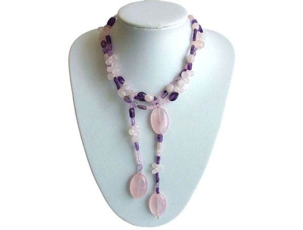 Gemshine - Damen - Halskette - Lariat - Rosenquarz - Amethyst - Perlen - Rosa - Lila - Violett - Weiß - 130 cm – Bild 4